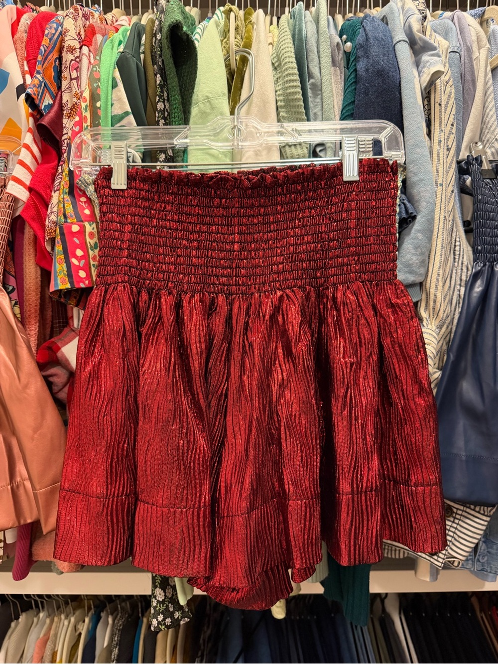 QUEEN OF SPARKLES Red Metallic Smocked Mini Swing Skort - Worn Once